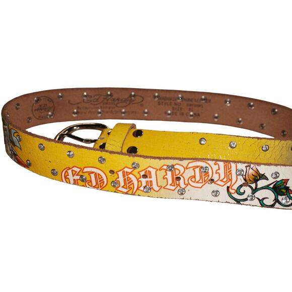 Ed Hardy by Christian Audigier Tattoo Graphic Studded Leather Belt Size XL - Picture 6 of 11